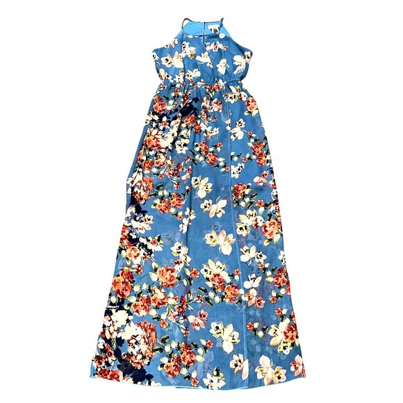 Sweet Storm S Blue Floral Halter Keyhole Lined Maxi Sundress Summer Boho Y2K 90s - Picture 11 of 13